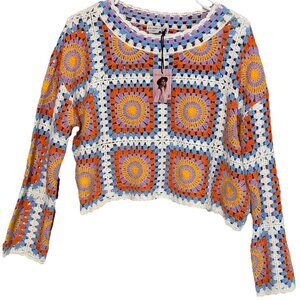 NWT Sincerely Jules Med Cropped Granny Square Boho Crochet Knit Sweater Colors